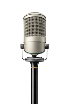 Studio microphone on a stand for vocal recording, podcasting, and broadcast use isolated. Transparent PNG image.