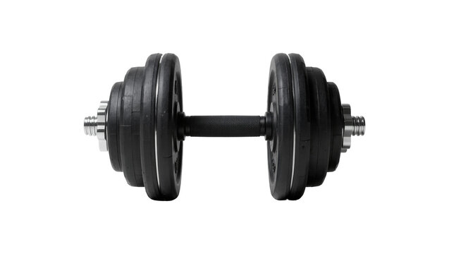 Adjustable black rubber coated dumbbell with metal handle and locking collars