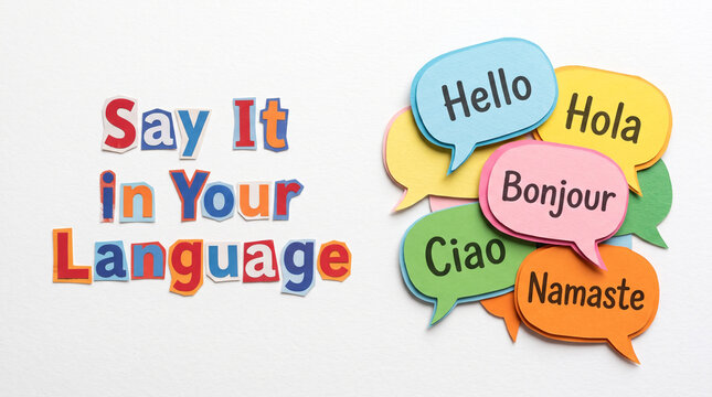 Colorful speech bubbles with international greetings arranged next to cut out letters on white background with beside letters spelling various international speech balloon