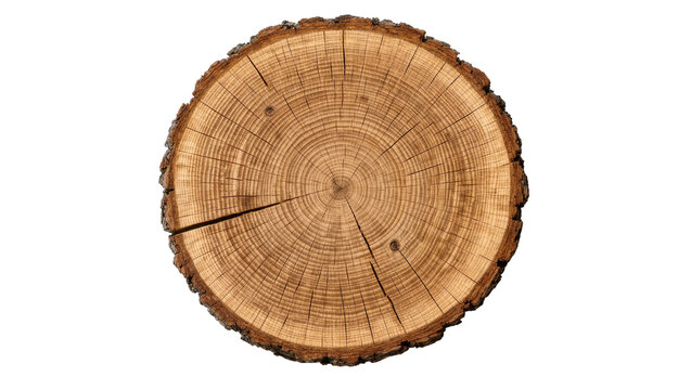 Circular cross section of a tree trunk with visible growth rings and rough bark