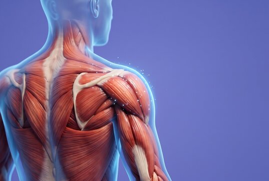 肩から背中の筋肉を青く透ける人体で示した解剖3Dイラスト、肩こりや肩の痛みの解説用