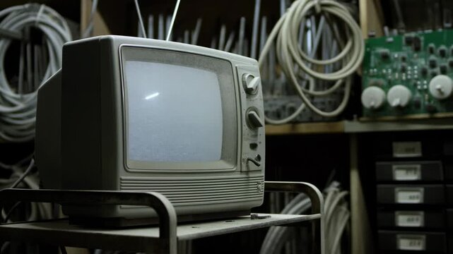 Vintage CRT television rests on a metal cart in an electronics workshop surrounded by cables and circuit. Technology history documentaries, electronics repair education.