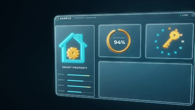 Smart property dashboard builds on glass panels with occupancy gauge, tokenized assets and portfolio growth