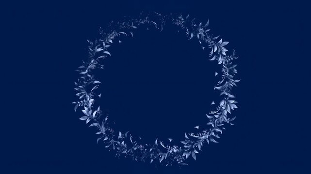 Rotating botanical wreath forms an elegant decorative frame around central copy space. Invitation design, wedding stationery, and holiday title cards.