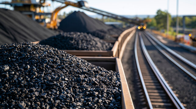Open top freight rail wagons filled with textured black coal along parallel tracks at an industrial material loading depot, aerial three-quarter view showing mineral heaps and rail