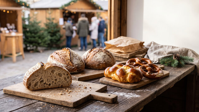 Artisan Bread Display at a Christmas Market Bakery