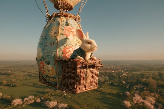 Easter bunny in a hot air balloon basket flying with an Easter egg over the fields