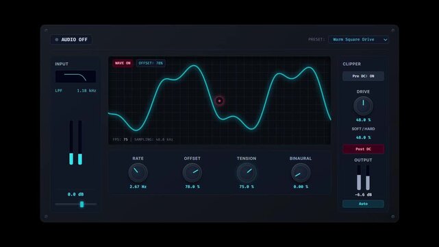 Digital audio synthesizer software interface with waveform and control knobs