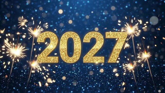 2027 New Year Celebration Party Countdown Animation, Golden Numbers Sparklers Motion Graphic Background
