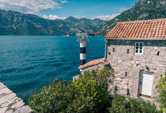 Ancient stone Church of Our Lady of the Angels on Verige strait in Kotor Bay Montenegro