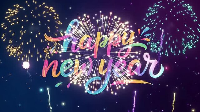 Happy New Year Celebration Party Greeting Animation, Colorful Fireworks Night Sky Motion Graphic
