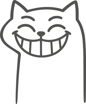 Comical simplistic linear vector cat face laughing happily with a joyful and cheerful expression.