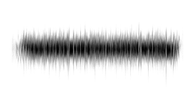 A black and white digital audio waveform visualization isolated on a pure white background representing sound frequency data and signal amplitude patterns