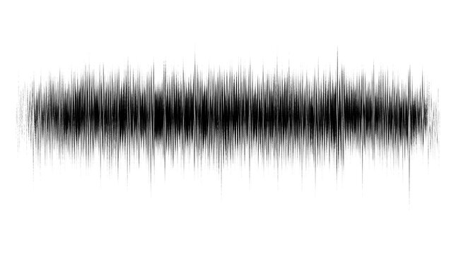 Abstract black audio waveform visualization featuring vertical lines of varying heights isolated on a clean white background for digital media design