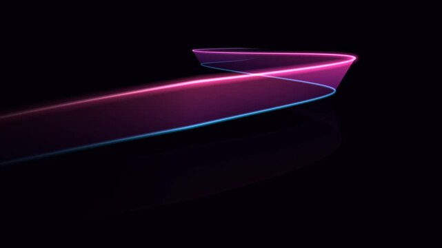 Glowing magenta and cyan light trail tracing a dynamic wave against a black background, abstract futuristic motion graphic with reflection for high tech concepts and digital data flow