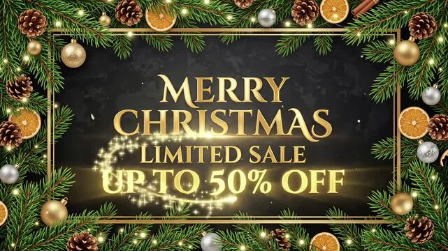 Merry Christmas Limited Sale Up To 50% Off Promo Animation, Holiday Discount Offer Motion Graphic Background
