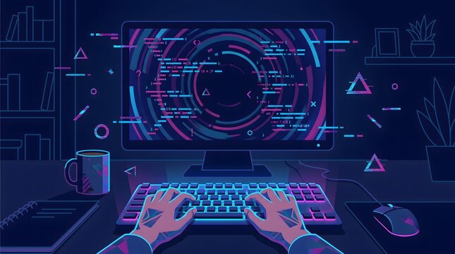 A dedicated software developer types frantically on an illuminated keyboard while monitoring complex program code glowing brightly across a large computer screen inside a dark room at midnight