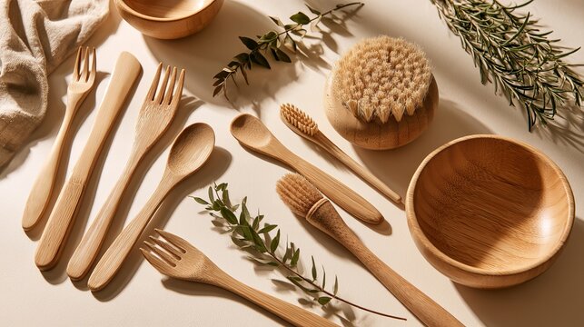 Eco friendly wooden cutlery set and bamboo kitchen utensils with natural wooden bowls on beige background