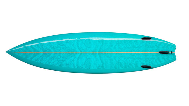 Turquoise fish surfboard with three black fins and a central wooden stringer