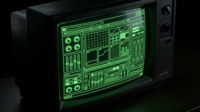 Retro computer displaying futuristic UI animation with transparent background and alpha channel