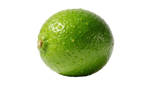 Fresh whole green lime fruit with water droplets on textured peel