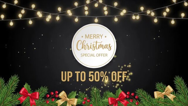 Merry Christmas Special Offer Up To 50% Off Promo Animation, Holiday Discount Sale Motion Graphic Background
