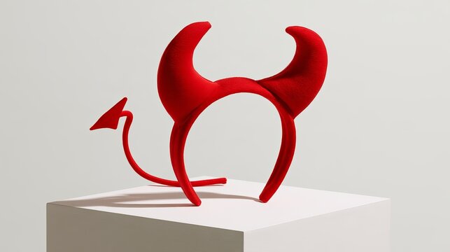 Red devil horn sculpture with pointed tail sitting on a white pedestal against a plain light background