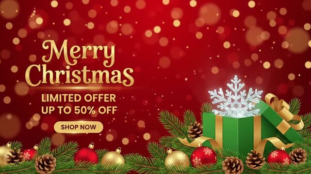 Merry Christmas Limited Offer Up To 50% Off Promo Animation, Holiday Discount Gift Box Motion Graphic Background
