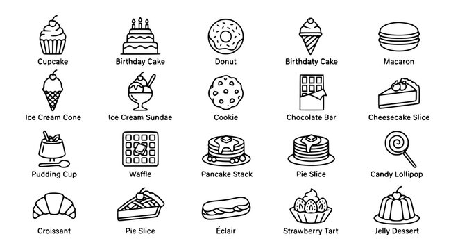 Dessert Line Icons Set with Cakes Ice Cream Cookies and Sweet Treats