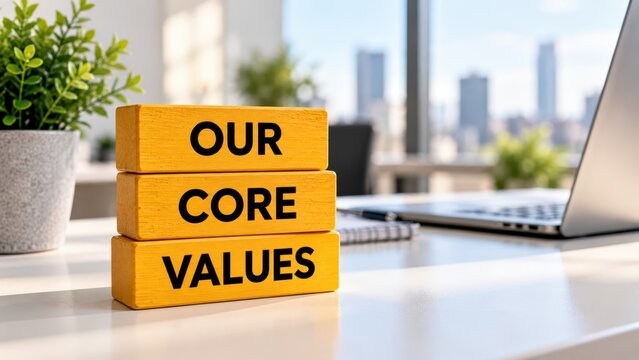 Our Core Values Written on Yellow Wooden Blocks on Modern Office Desk with Laptop and City View