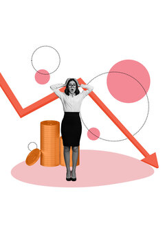 Vertical sketch 3d artwork collage poster of inexperienced shocked girl hold head arrow decline coin dollar inflation loss problem