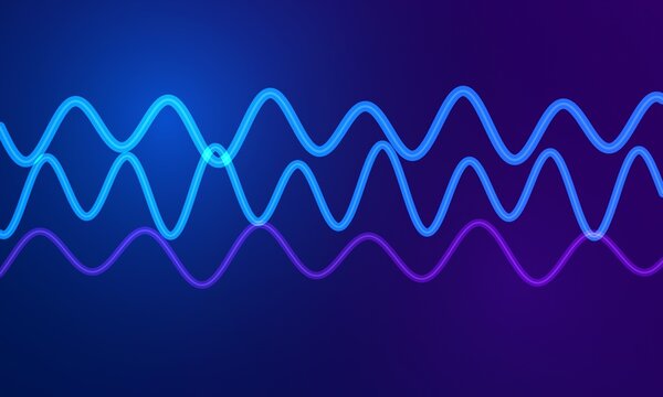 Abstract sound wave visualization background, neon blue glowing audio frequency lines, digital equalizer technology banner