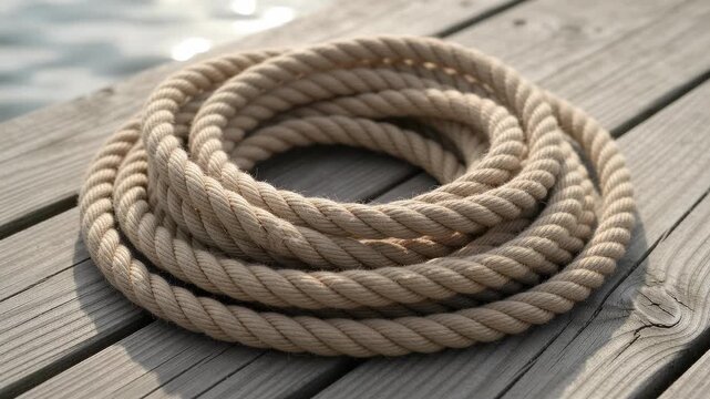 Hemp rope coil reflecting sunlight ripples on wooden pier