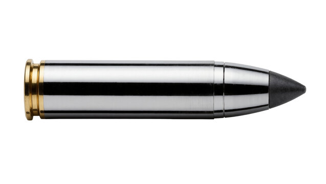 Shiny metallic rifle cartridge with a dark pointed bullet and brass casing