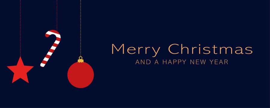 Merry christmas card with hanging red star, bauble and candy cane. Vector illustration