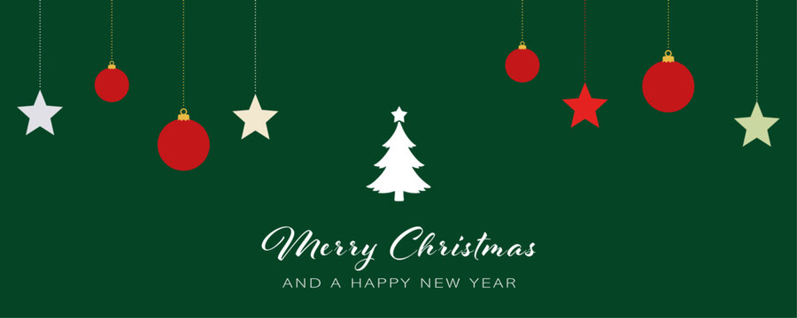 Merry Christmas card with hanging bauble, star and tree vector illustration