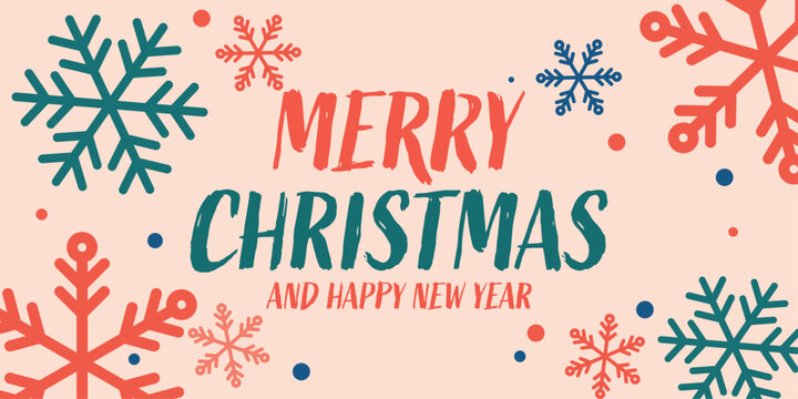 Merry christmas card with red, teal and blue snowflakes vector illustration