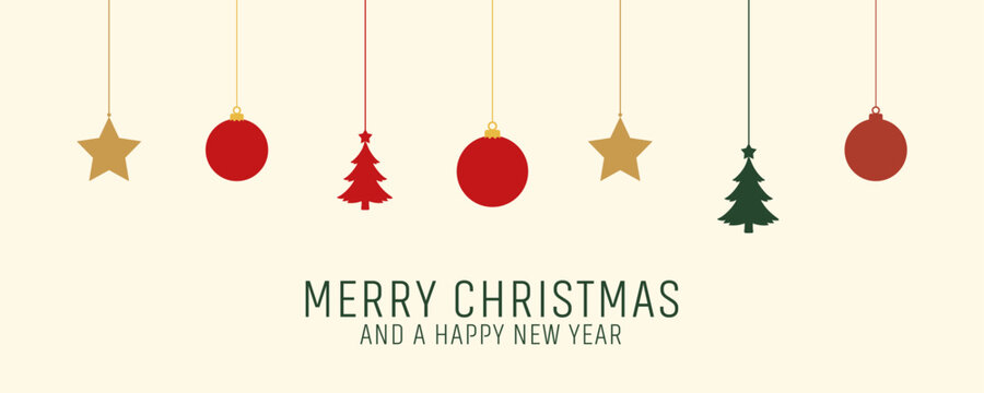 christmas greeting card with hanging bauble star and tree decoration vector illustration