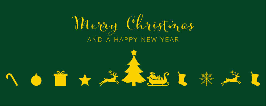 christmas greeting banner with gold tree, sleigh, reindeer, gifts and stockings vector illustration