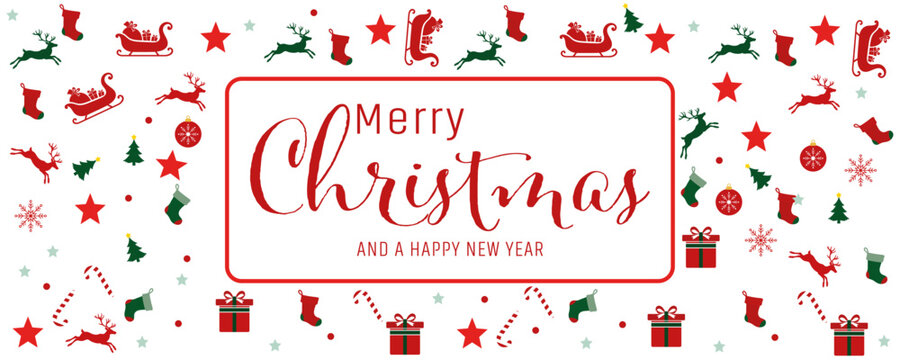 christmas greeting card with reindeer, sleighs, gifts, stockings, stars and trees pattern&nbsp;vector illustration