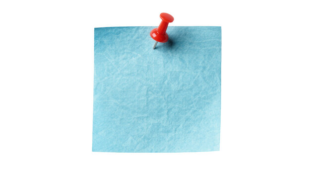 Crumpled light blue square sticky note paper pinned with a red plastic push pin