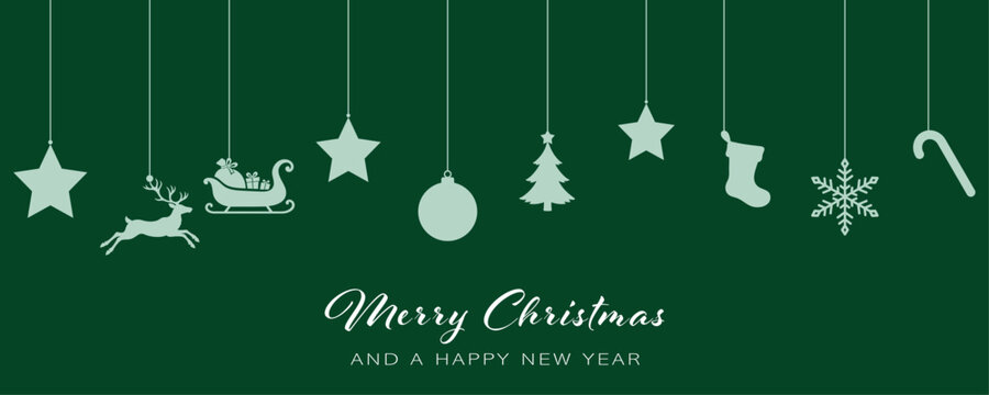 christmas greeting card with silver hanging star, reindeer, sleigh, baubles, tree and stocking vector illustration