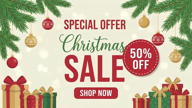 Special Offer Christmas Sale 50 Percent Off Shop Now Holiday Retail Discount Promo Motion Graphic Loop
