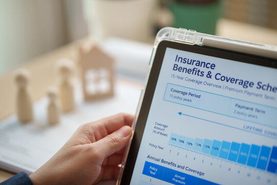 Close-up of hand holding digital tablet displaying insurance benefits and coverage details, representing future planning and risk management.
