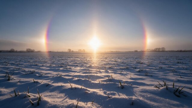 Breathtaking symmetrical sun dog rainbow phenomenon with dual parhelia arching over a snow-covered agricultural field in winter.