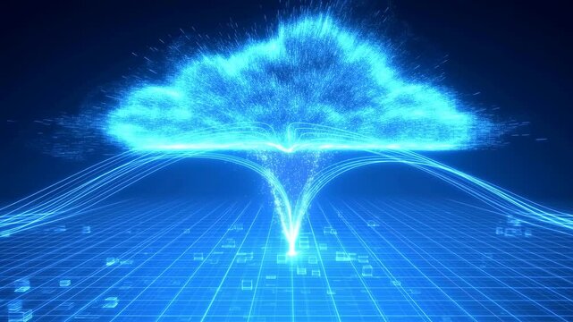 Glowing cloud computing network connects flowing data streams across a digital grid. Cloud service marketing, information technology presentations, and data security campaigns.
