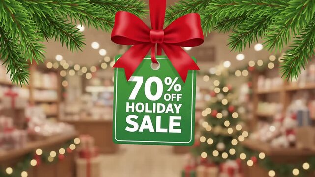 Holiday Sale 70% Off retail discount hanging tag green branches blurred shop background motion graphic loop
