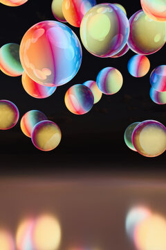 Oversized 3D soap bubbles framing a dark sky
