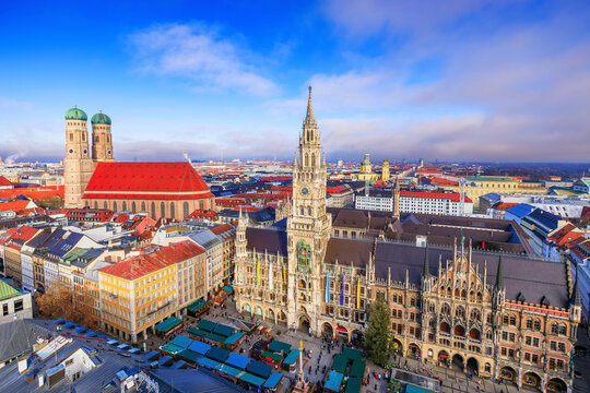 Munich, Germany. Aerial view of Marienplatz during the annual christmas market in the old town of Munich