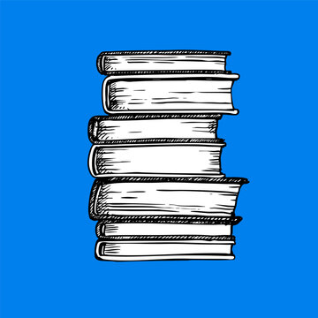 Sketch stack of books, hand drawn ink engraving illustration. Knowledge, literacy, education, study, publishing, library, school concept. Vector isolated collage element